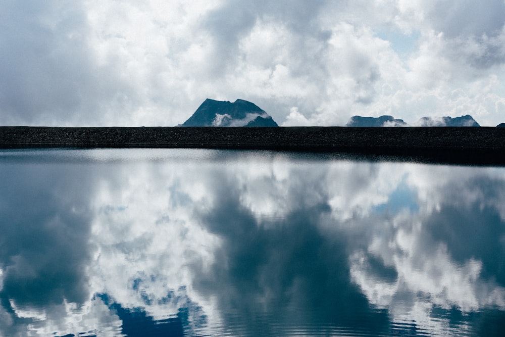 blue sky and white clouds over lake