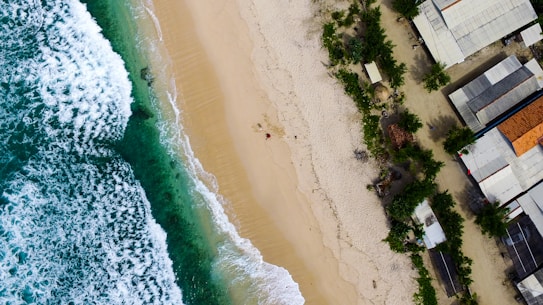 An aerial view of a coastline featuring turquoise waves crashing onto a sandy beach. Lush greenery and small buildings are visible along the right side, suggesting a residential or small commercial area. The sand appears smooth and light-colored, contrasting with the vibrant blue of the ocean.