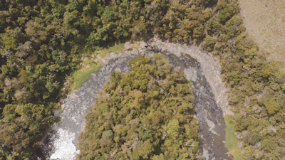 Aerial view of a winding river cutting through a dense forest.