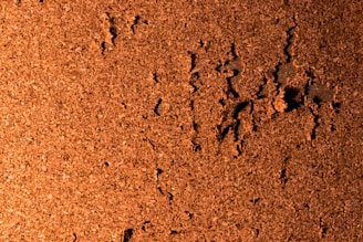 A textured surface of brown cork material, featuring an irregular, rough pattern with scattered dark indentations.