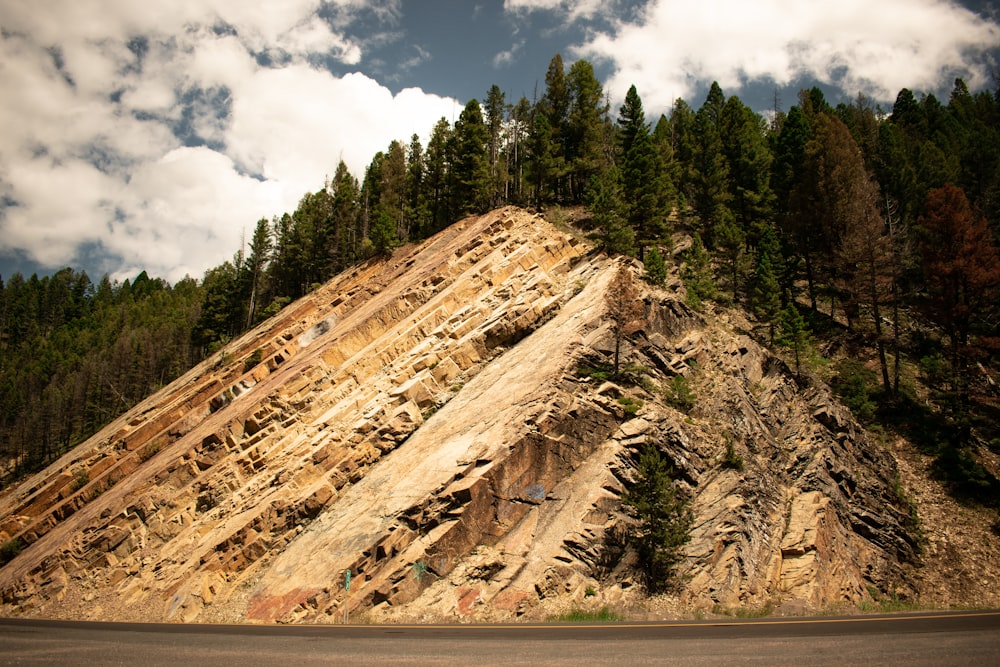 green pine trees on brown mountain under white clouds and blue sky during daytime