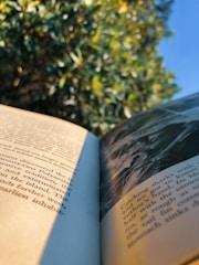 An open book with English text is prominently displayed. The camera angle captures the book at a slant, focusing on both the text and a black and white photograph on the right page. In the background, there is an out-of-focus view of green foliage and a clear blue sky, suggesting an outdoor setting.