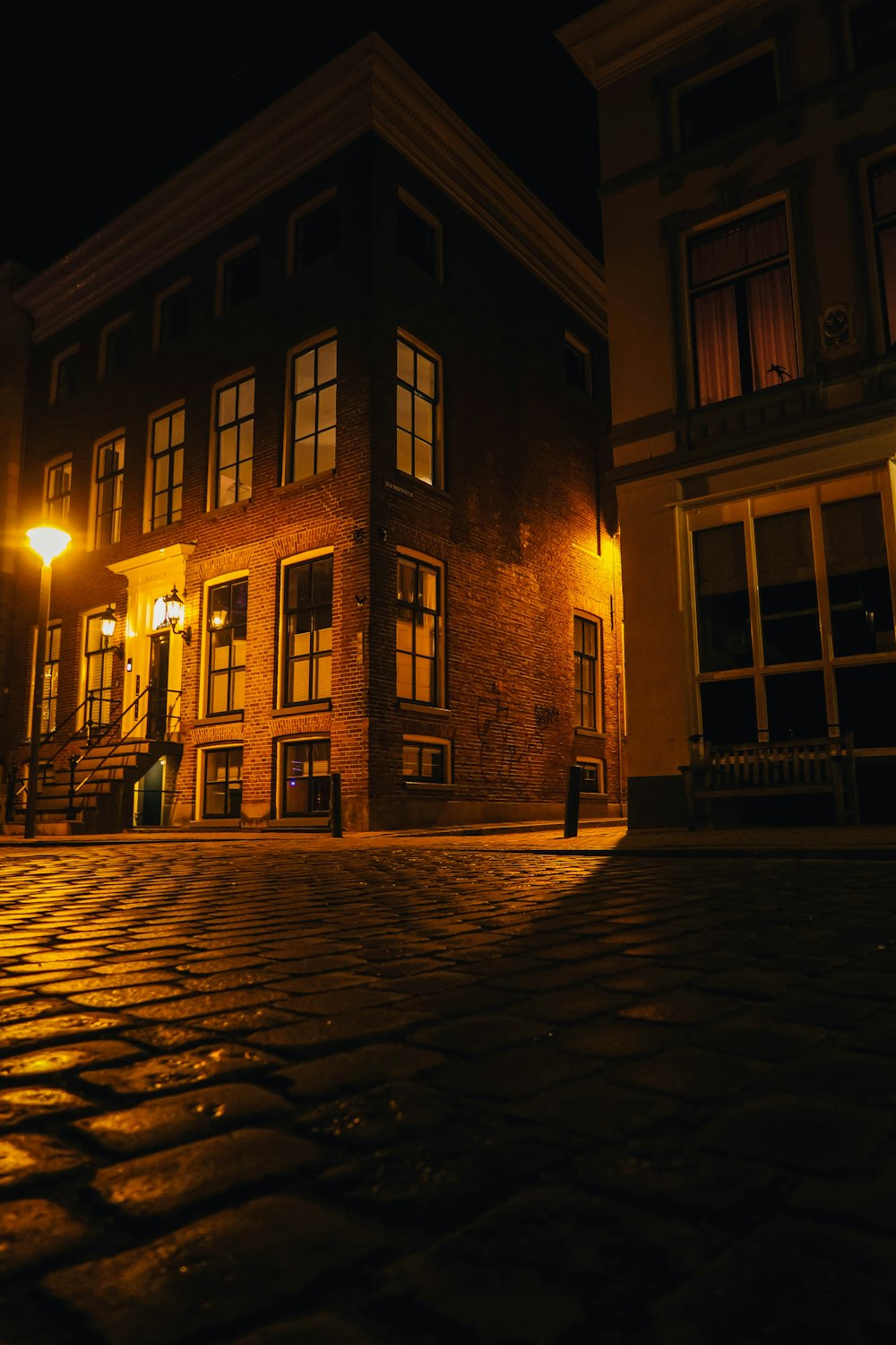 brown brick building during night time