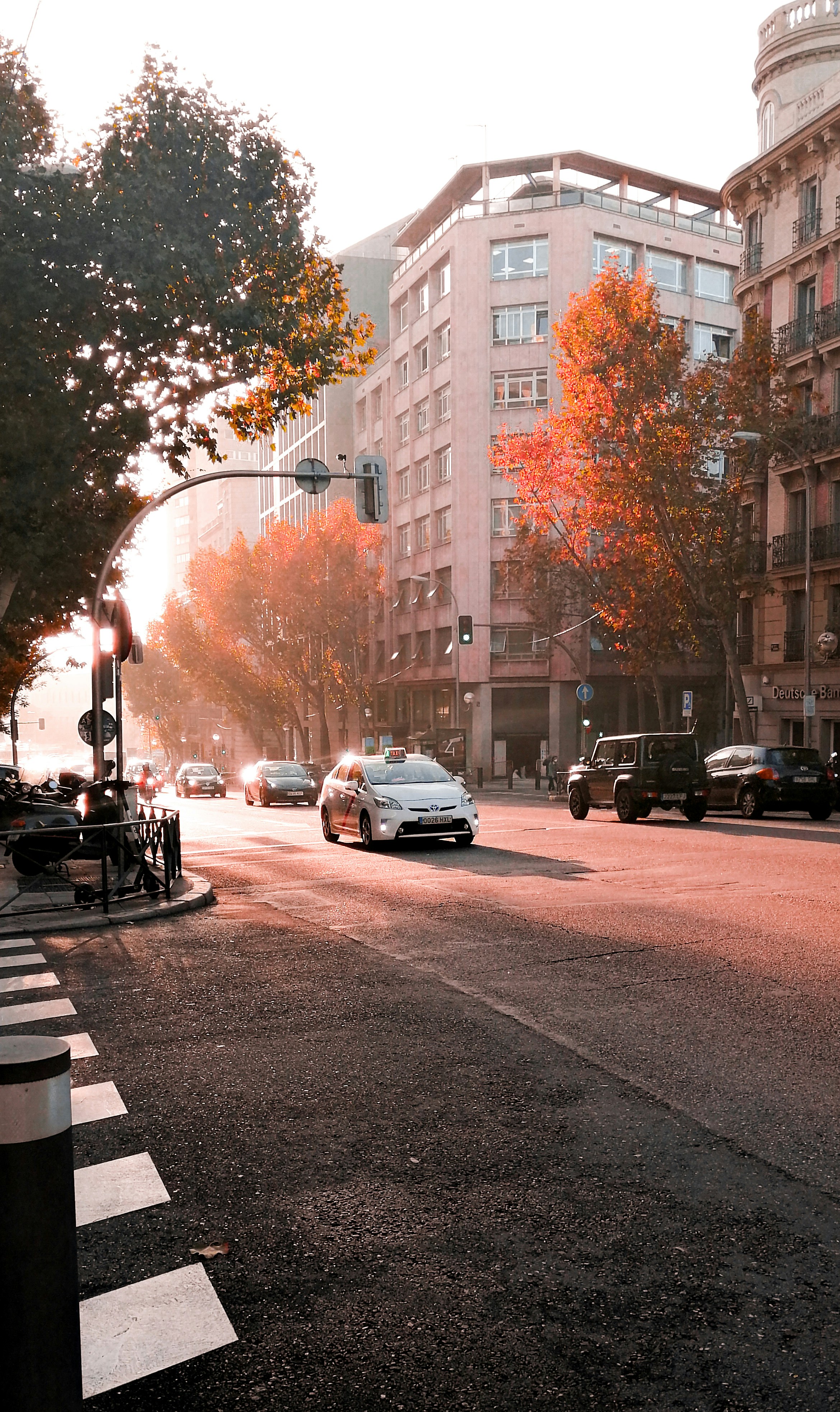 Amanecer con tráfico en la ciudad. Madrid rezuma otoño por todos sus poros.