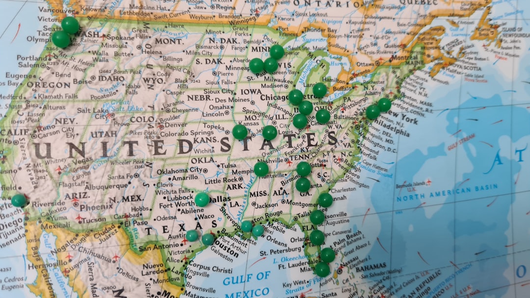 yellow green and white map, Pinned map of the United States of America