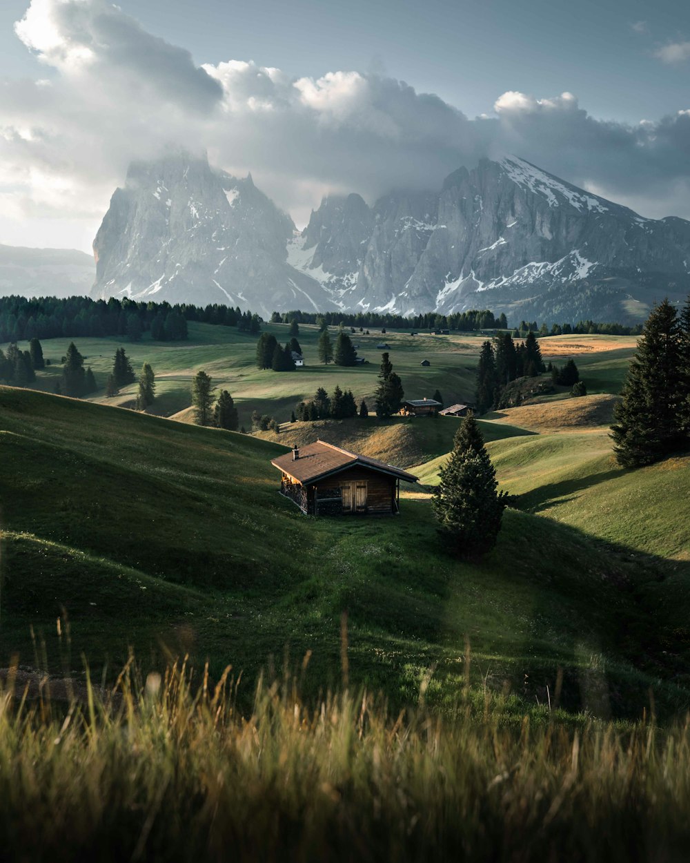 brown wooden house on green grass field near mountain during daytime