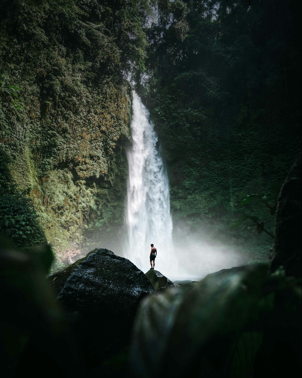 person standing on rock near waterfalls during daytime