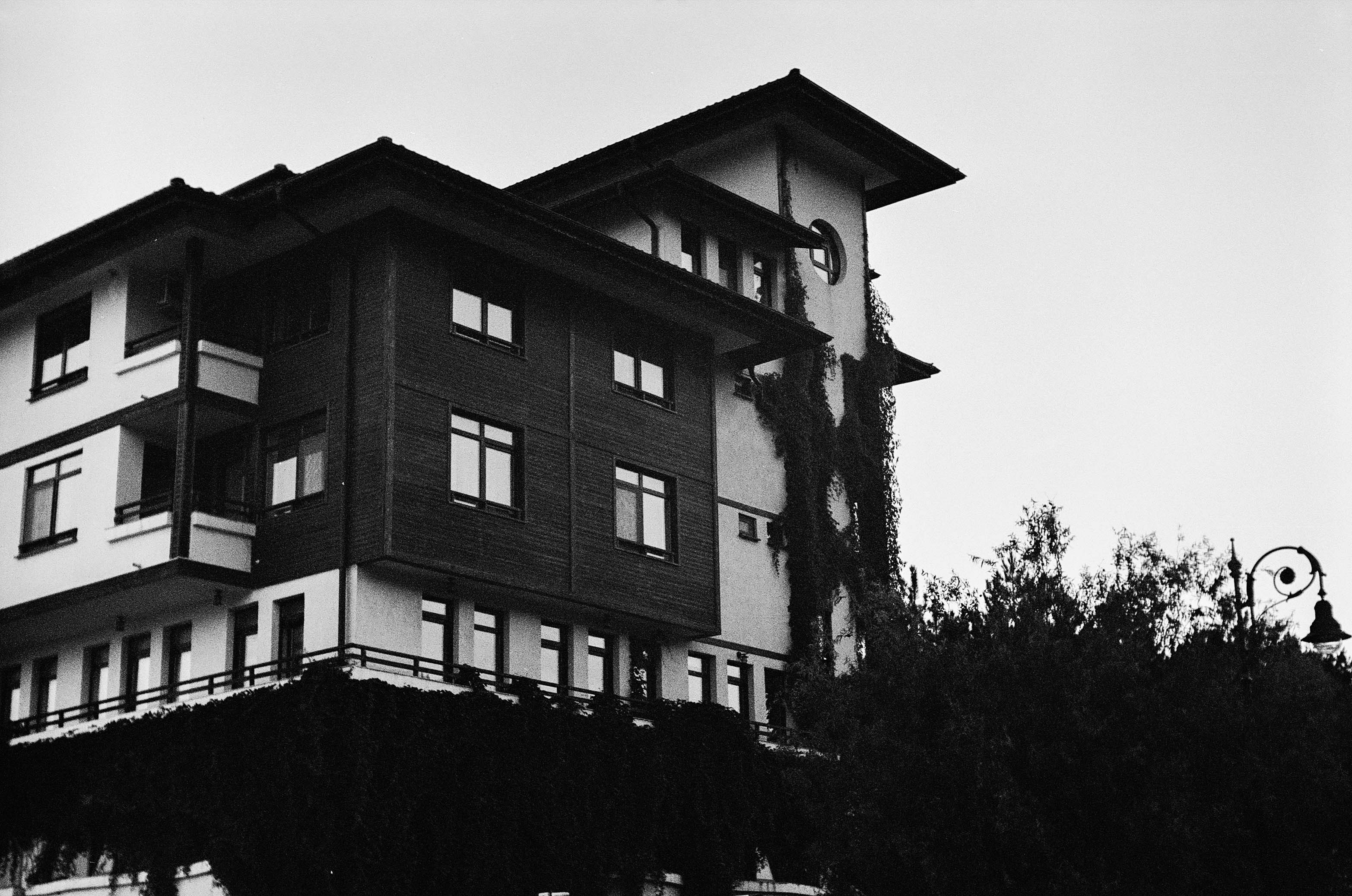 grayscale photo of concrete building