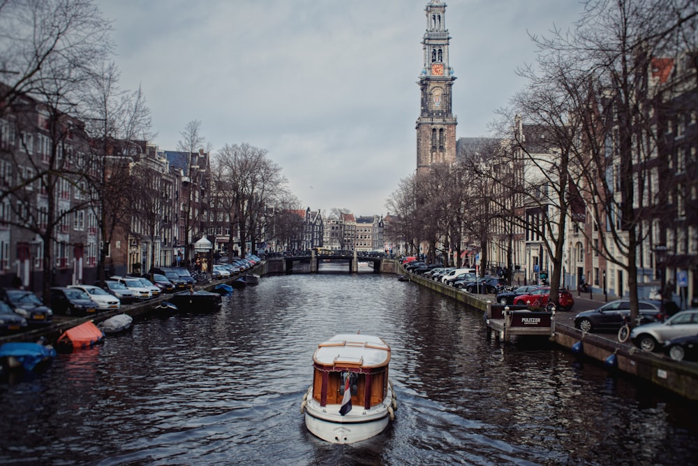 white and blue boat on river near city buildings during daytime