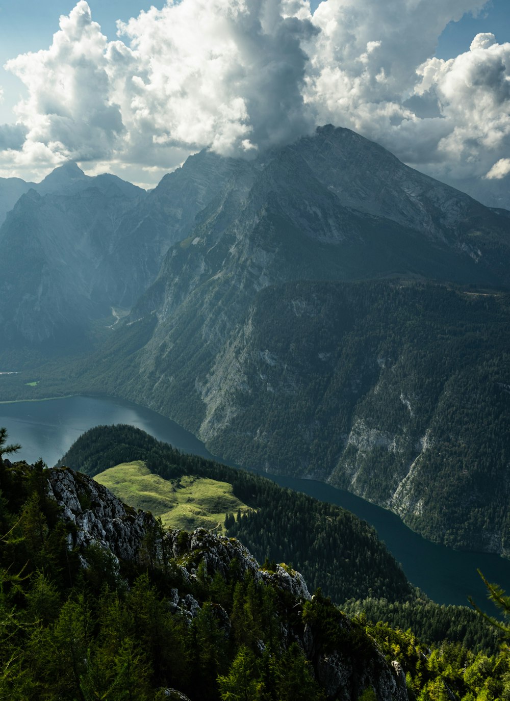 lake in the middle of mountains