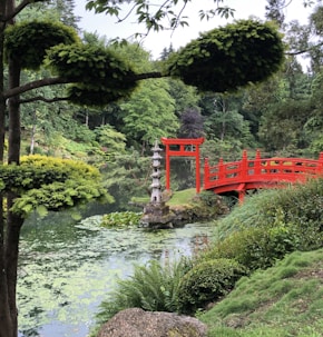 red bridge over river during daytime