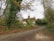 A charming countryside cottage is nestled amongst trees and foliage. The house features a white exterior with a chimney and partially covered in green ivy. An unpaved road leads up to the house, surrounded by wooden fences and scattered autumn leaves. Branches with brownish-yellow leaves hang overhead, creating a serene and rustic atmosphere.