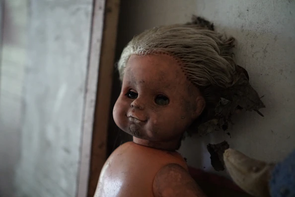 Creepy doll sitting on a dusty old chair in a dark corner