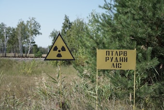 A warning sign with a radiation symbol next to a sign with Cyrillic script is placed in a grassy, wooded area. The background features sparse trees with green foliage and a railway track running through the scene.