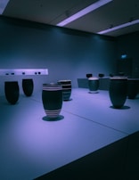 A minimalist exhibition space with spotlights highlighting porcelain art pieces on pedestals.
