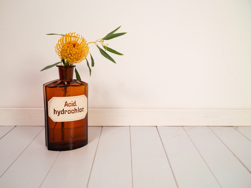 yellow sunflower in glass bottle