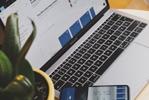 A laptop displaying a webpage is on a desk next to a potted plant. A smartphone showing a similar screen is placed in front of the laptop. The laptop's keyboard is visible, and the screen content includes text and images.