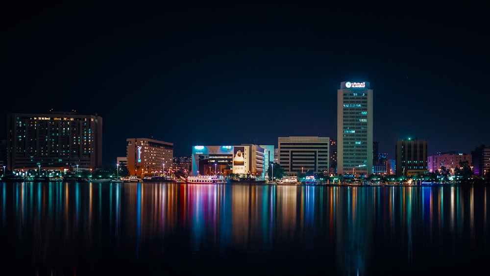 city skyline during night time