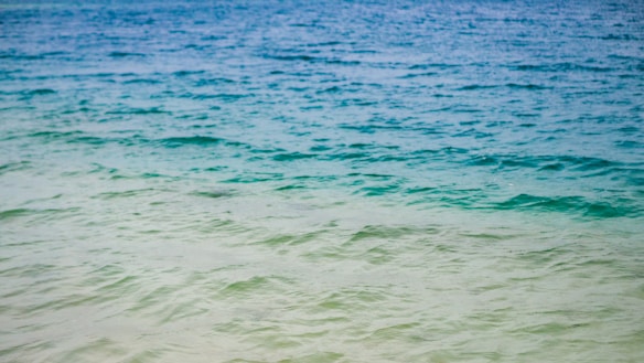 A serene view of the ocean with gentle waves creating a soothing pattern on the water's surface. The color gradient transitions from light green near the shore to a deeper blue further out.
