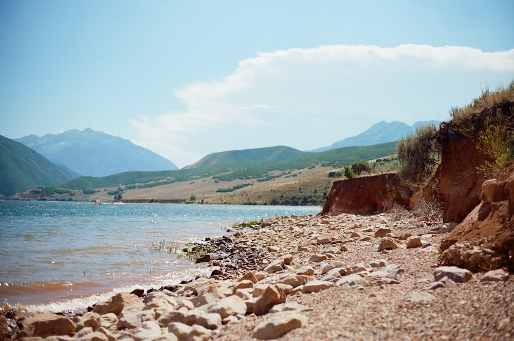 rochas marrons e brancas ao lado do corpo de água durante o dia