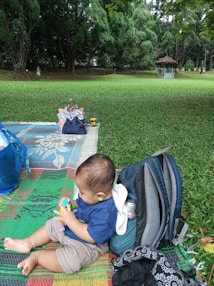 A baby is sitting on a colorful mat in a park, playing with a toy. Surrounding the baby, there are bags and a backpack on the mat. The park features lush green grass and tall, dense trees in the background, creating a peaceful natural setting.