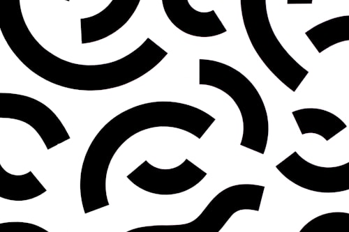 Black geometric shapes are arranged in a pattern on a white background, featuring curved lines and arcs in various orientations.