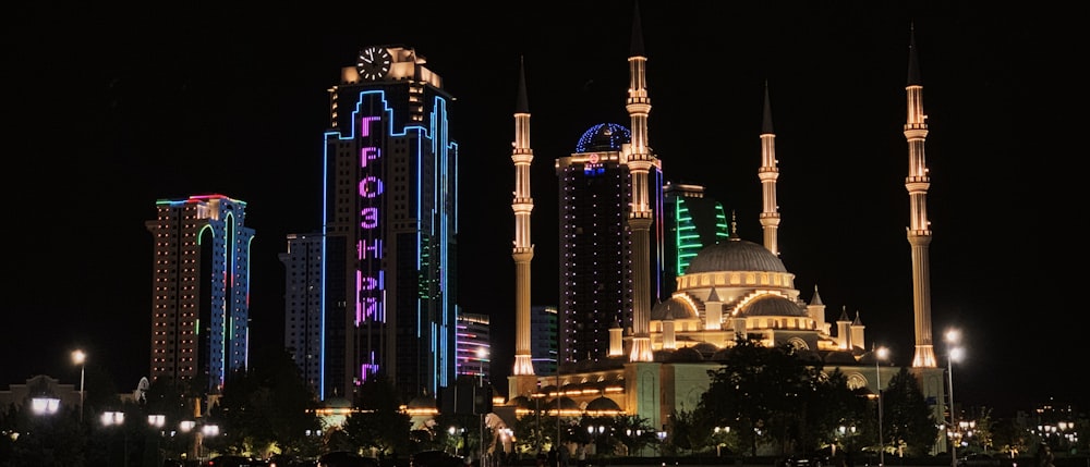 city skyline during night time