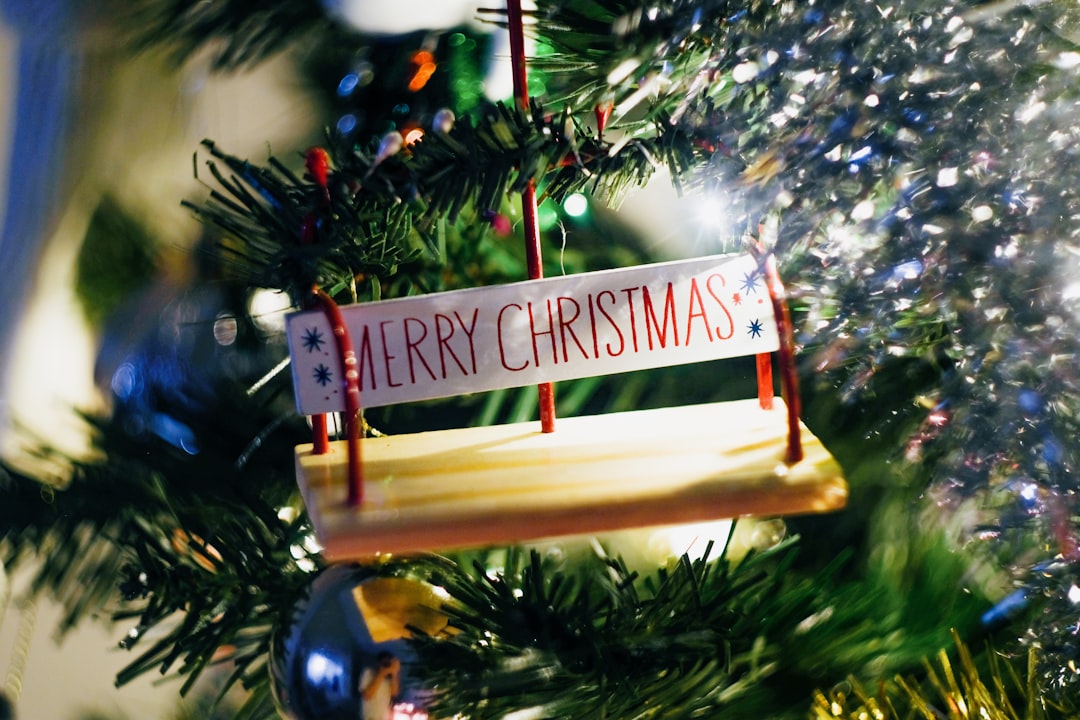 brown wooden hanging signage on christmas tree