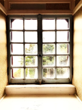 A vintage-style window featuring multiple panes is framed by light beige walls. Natural light filters through the slightly weathered glass, revealing a blurred view of greenery outside. The windowsill appears aged, with subtle signs of wear.