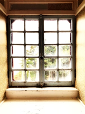 A vintage-style window featuring multiple panes is framed by light beige walls. Natural light filters through the slightly weathered glass, revealing a blurred view of greenery outside. The windowsill appears aged, with subtle signs of wear.