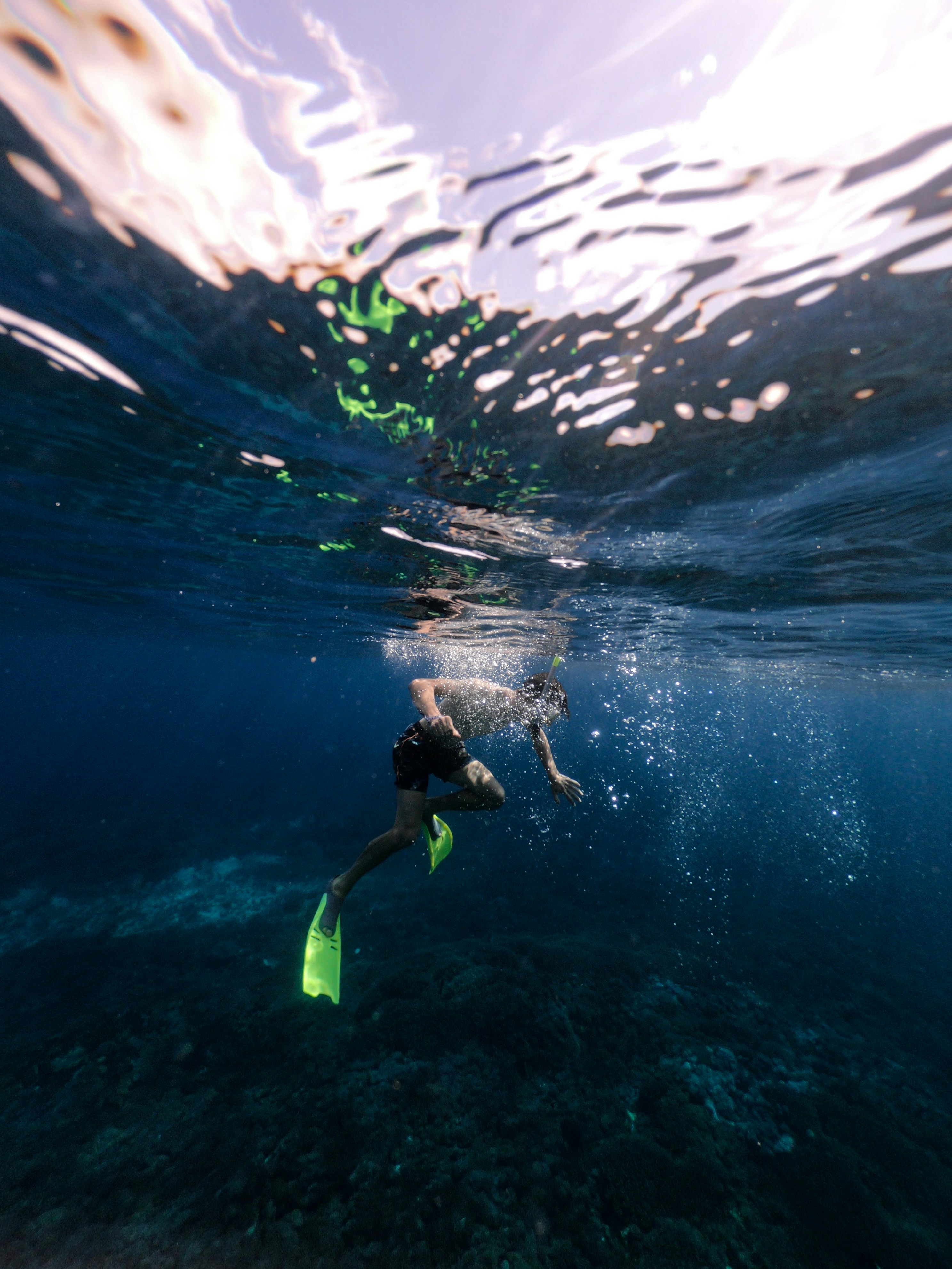 person in black wet suit under water