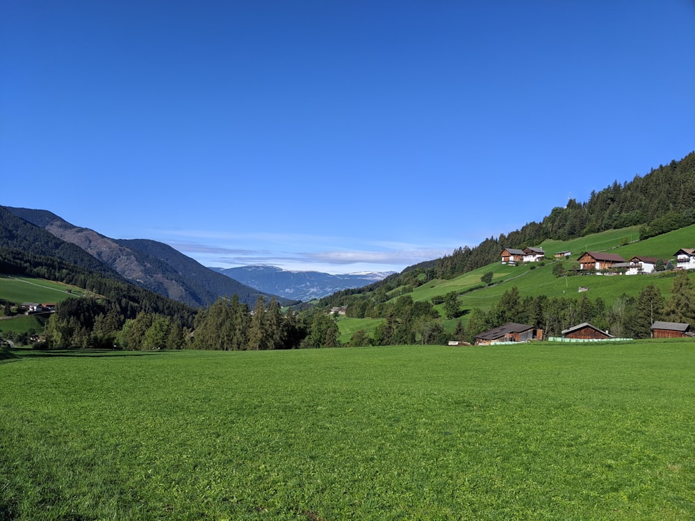 green grass field near green mountains under blue sky during daytime