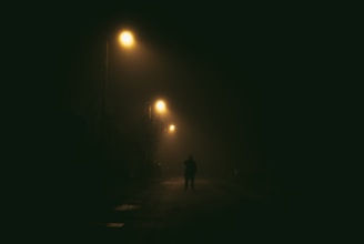 A shadowy figure standing under a flickering streetlamp on a foggy night.