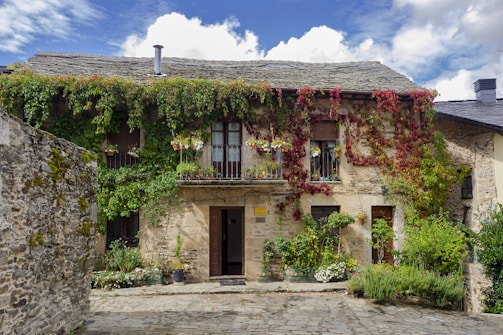 brown brick house with green plants on the side