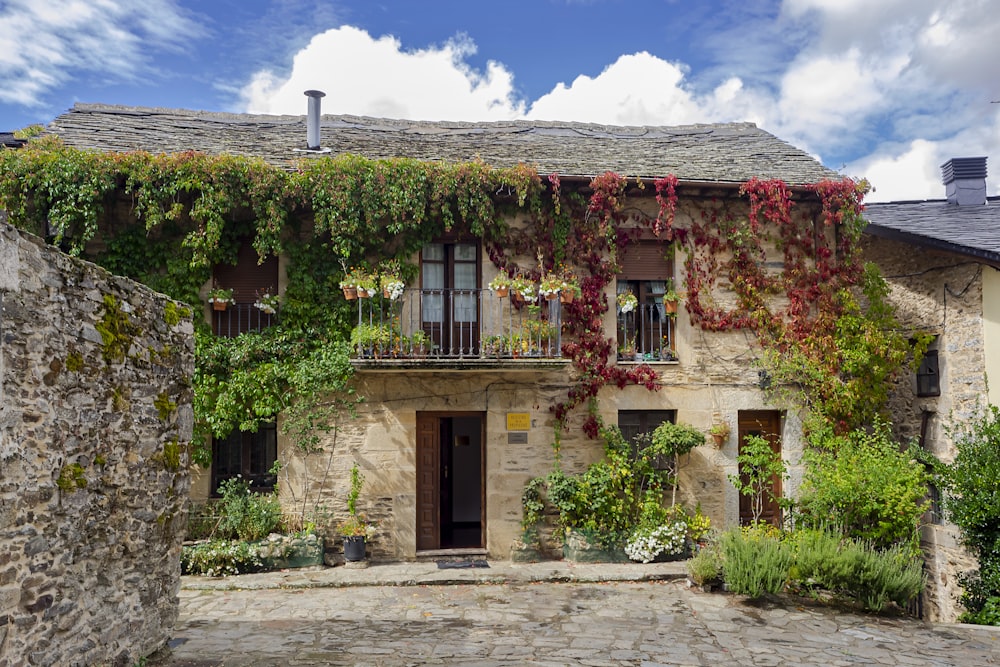 Maison en brique brune avec des plantes vertes sur le côté