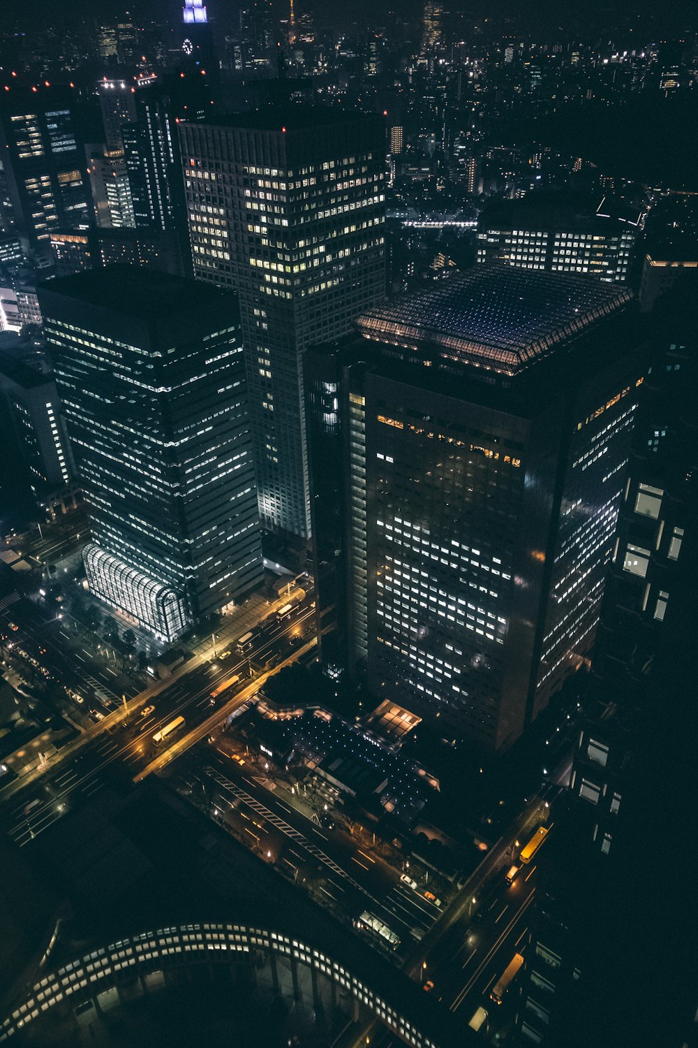 aerial view of city buildings during night time