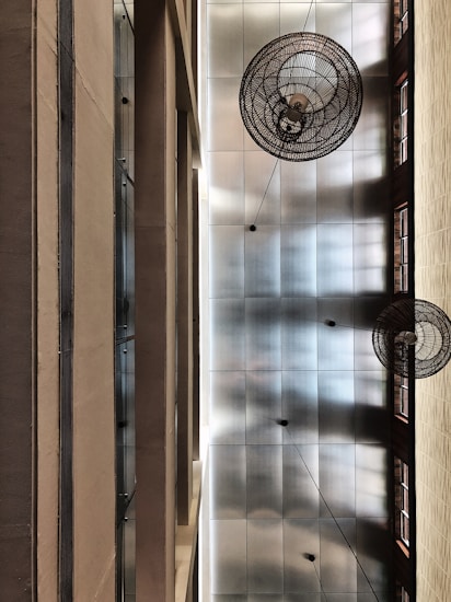 A modern architectural interior view focusing on a high ceiling with visible grid-like panels. Large, decorative wire mesh structures hang from the ceiling, casting intricate shadows. The tall, narrow windows on the sides allow natural light to illuminate the space, creating a geometric and symmetric pattern.