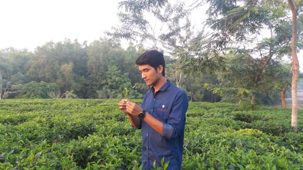 A farmer examining soil samples in a lush green field under a clear sky.