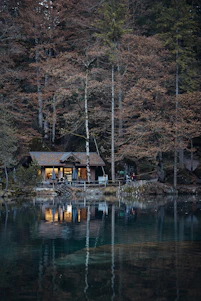 Cozy wooden cabins nestled among lush green trees near a serene lake at sunset.