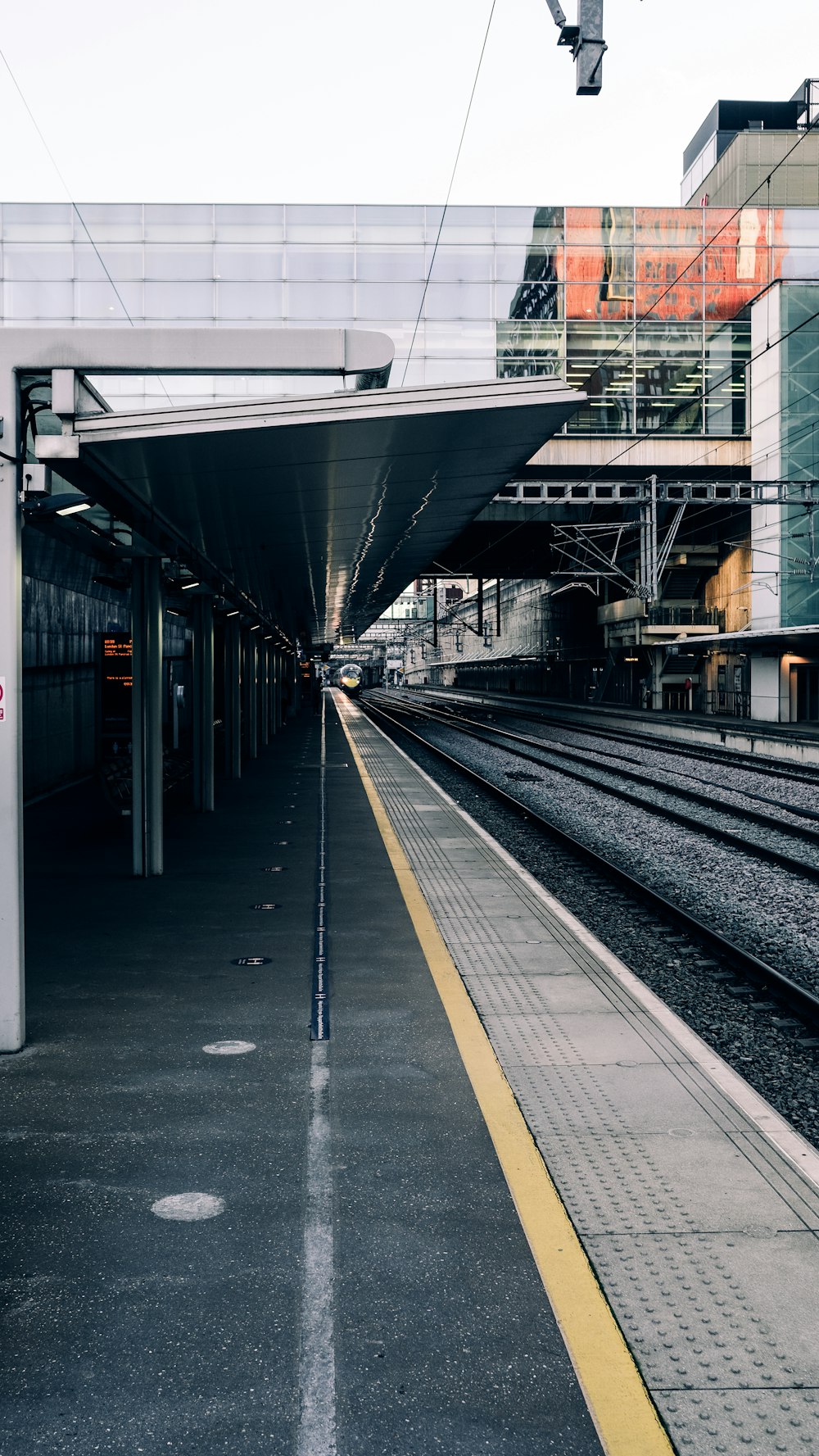 black and white train station