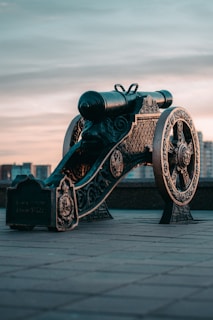 A historic cannon with intricate carvings and ornate wheels is displayed on a paved surface. The background displays a cityscape under a sky transitioning from day to evening.