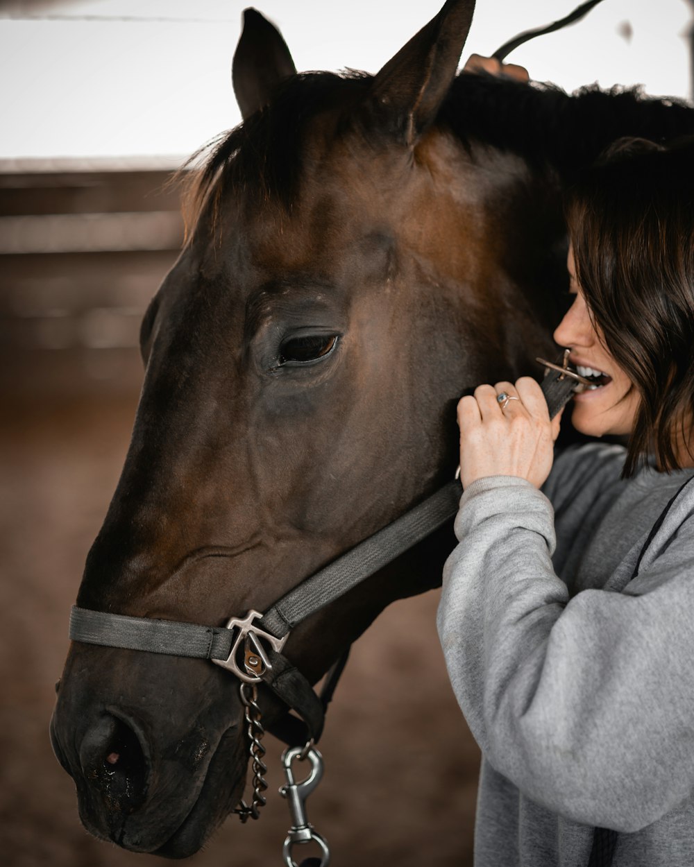 woman in gray jacket holding brown horse