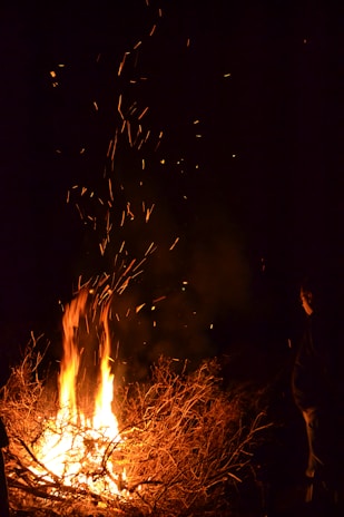 A brightly burning campfire with flames reaching upwards. Sparks are flying up into the dark night sky, and there is a person standing nearby, observing the fire. Dry branches and twigs are fueling the fire.