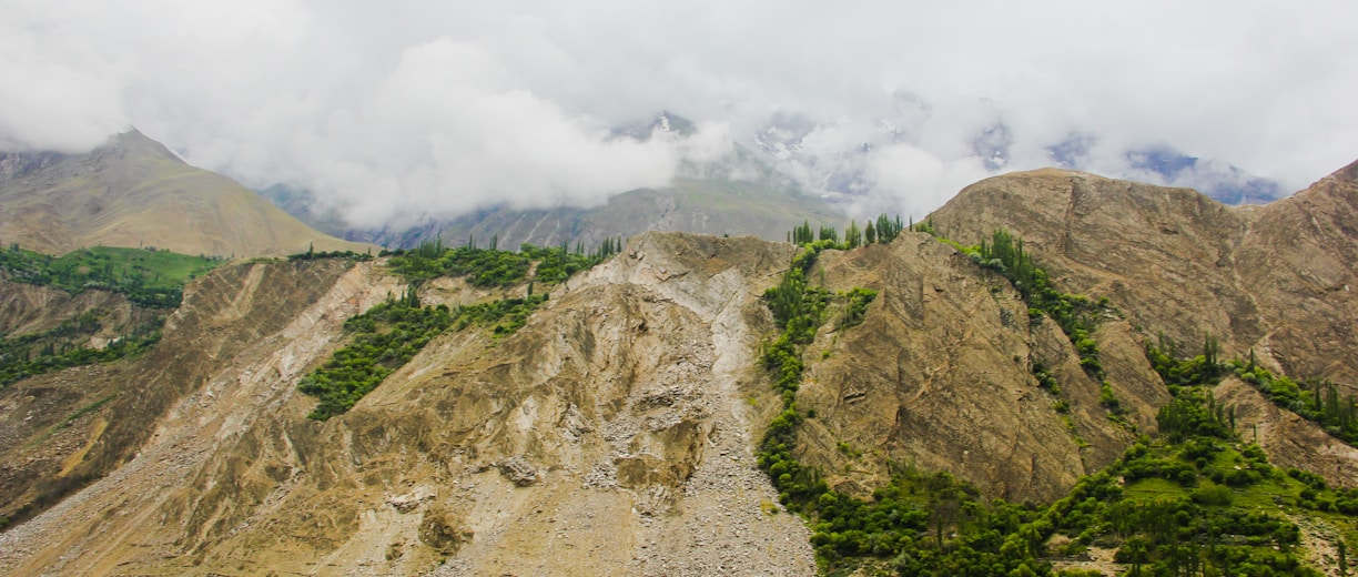 green trees near mountain under white clouds during daytime