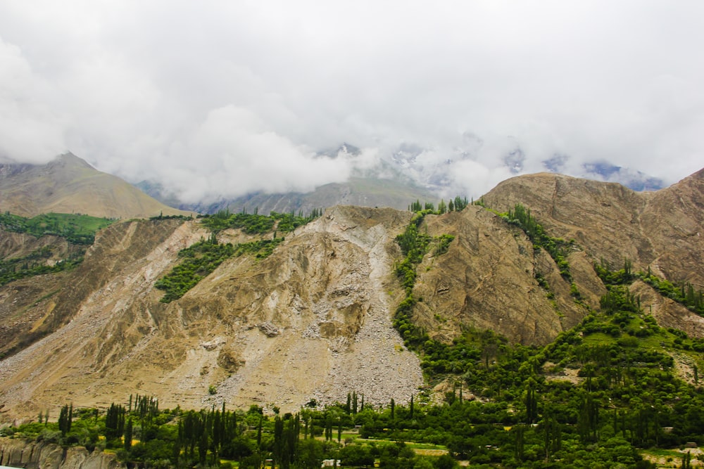 green trees near mountain under white clouds during daytime