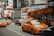 A busy urban street scene featuring yellow taxis driving alongside a double-decker bus with 'Big Bus New York' signage. Surrounding buildings are adorned with large advertisements and electronic billboards, typical of a bustling city atmosphere.