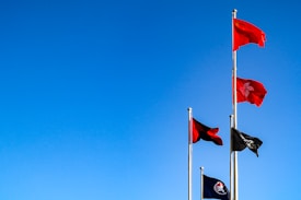 Several flagpoles with various flags fluttering against a clear blue sky. The flags are predominantly red and black, suggesting different affiliations or representations.