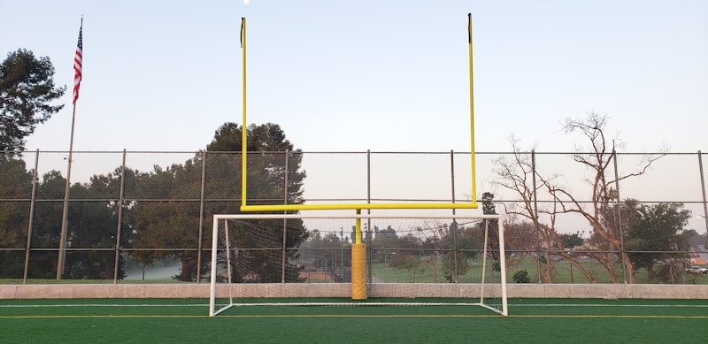 A football field with a goalpost featuring both a soccer goal and an American football uprights. An American flag is visible to the left, and trees are visible in the background. The ground is covered with artificial turf.