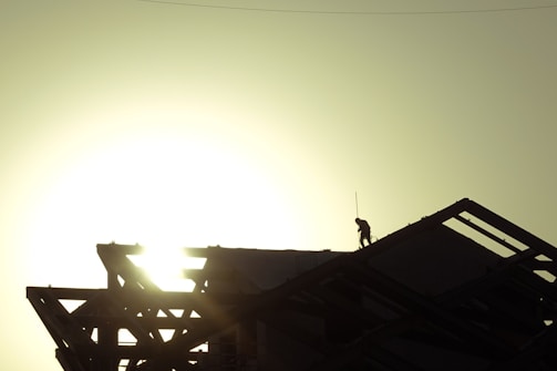 A silhouetted figure of a person is seen working on the roof of a structure against the backdrop of a bright sun. The structural components are clearly visible, with beams and supports highlighted by the strong light source.