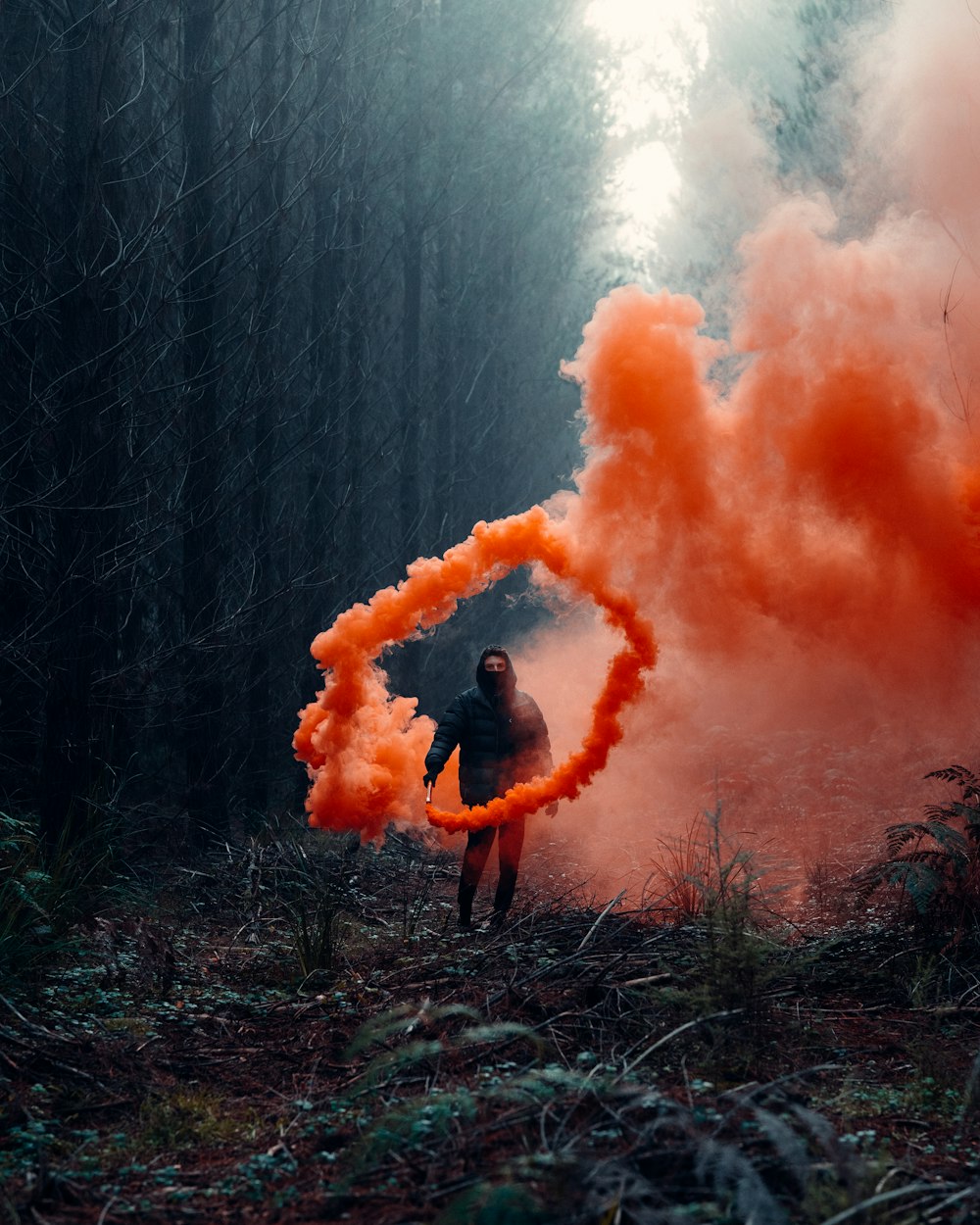オレンジ色の煙が立ち込める茶色の草原に立つ黒いジャケットを着た人